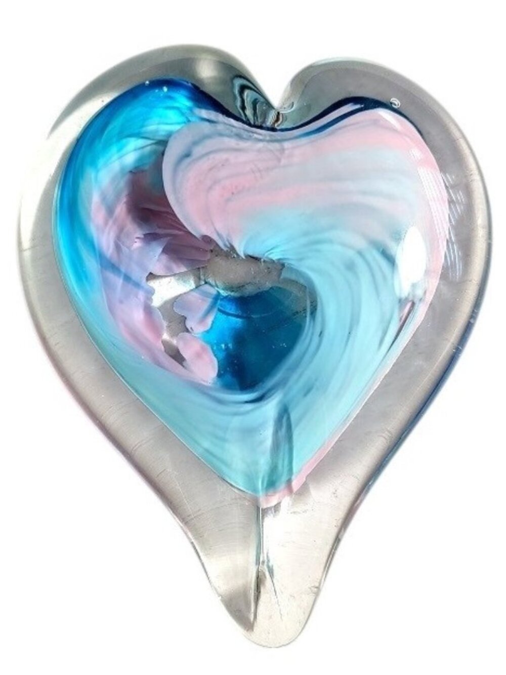 Vintage Art Glass Blue, Pink and Clear HEART Paperweight Sculpture